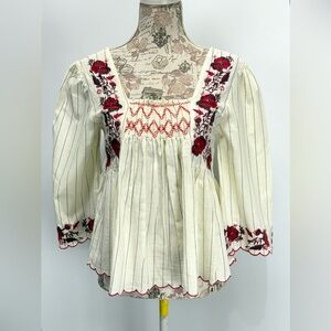 BBWM Cream and Red Embroidered Blouse with Flutter Sleeves size S